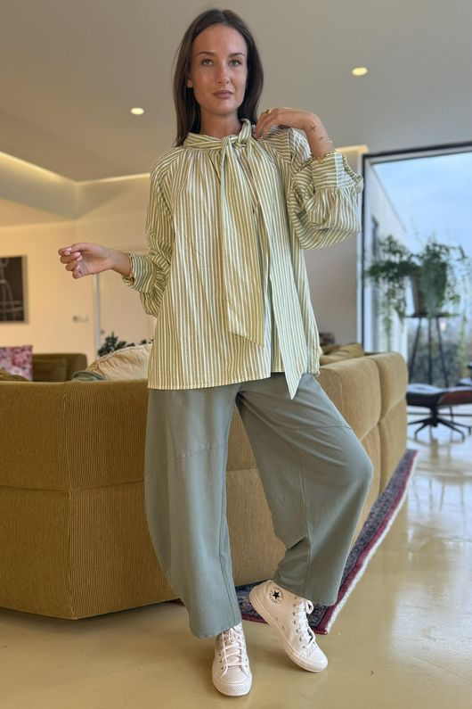 Nantucket Stripe Tie Neck Blouse Soft Olive